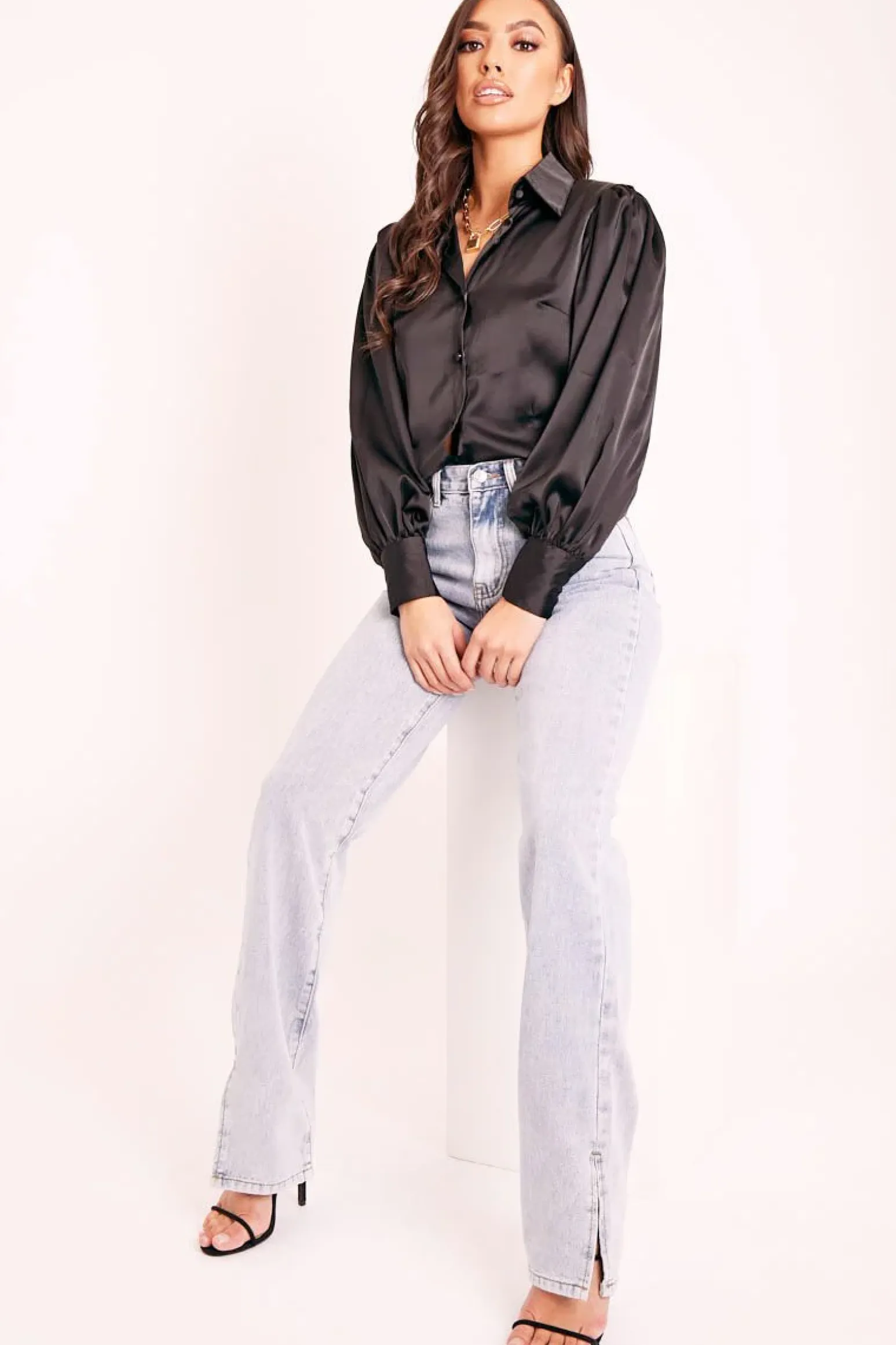 Rebellious Fashion Black Satin Covered Button Shirt - Eliza