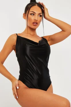 Rebellious Fashion Black Satin Cowl Neck Bodysuit - Miley