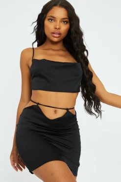 Rebellious Fashion Black Satin Cowl Neck Crop Top - Val