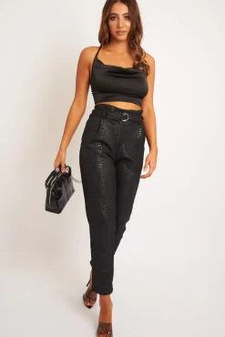 Rebellious Fashion Black Satin Cowl Neck Lace Up Back Crop Top - Kamsi