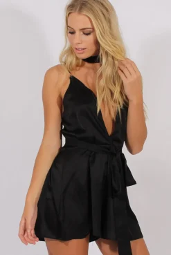 Rebellious Fashion Black Satin Cross Back Choker Playsuit - Carmia