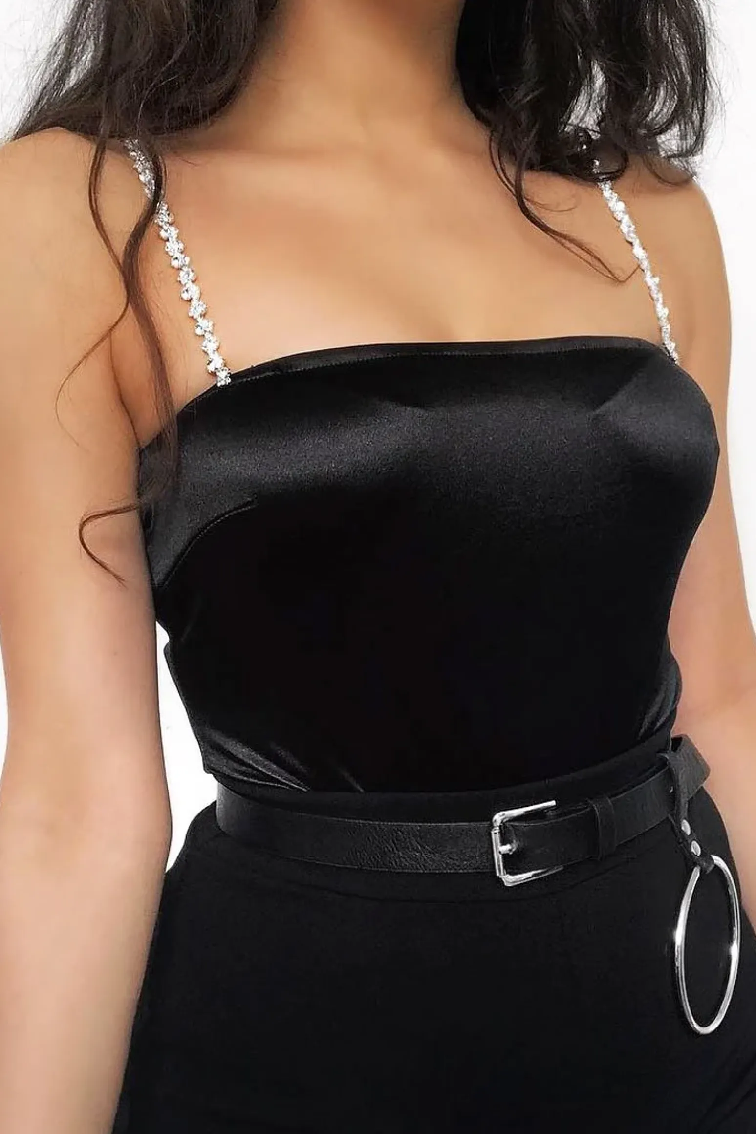 Rebellious Fashion Black Satin Diamante Strap Bodysuit - Abbielee