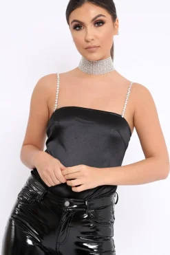 Rebellious Fashion Black Satin Diamante Strap Bodysuit - Abbielee