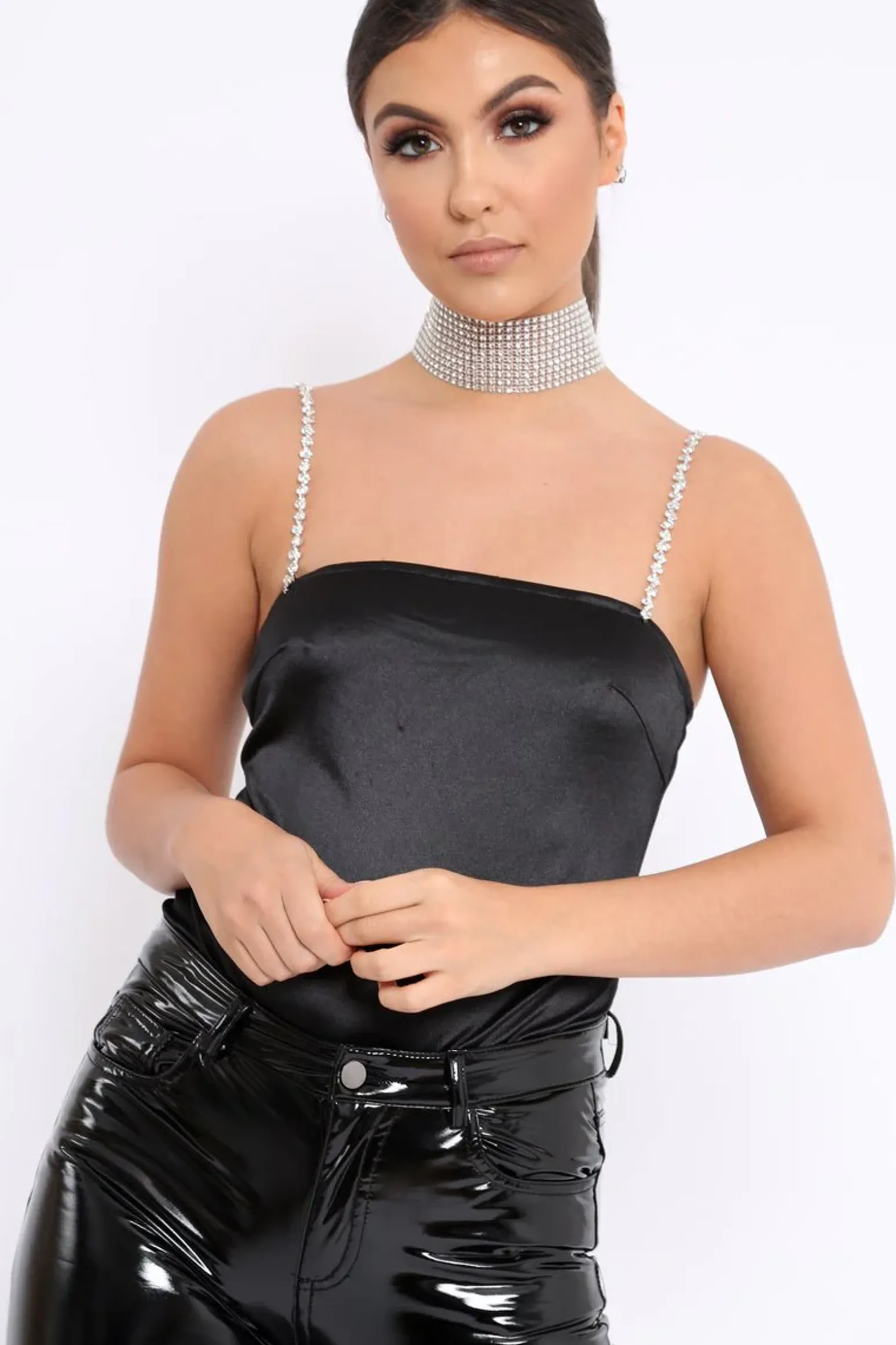 Rebellious Fashion Black Satin Diamante Strap Bodysuit - Abbielee
