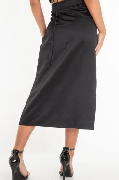 Rebellious Fashion Black Satin Floaty Midi Skirt - Serafina