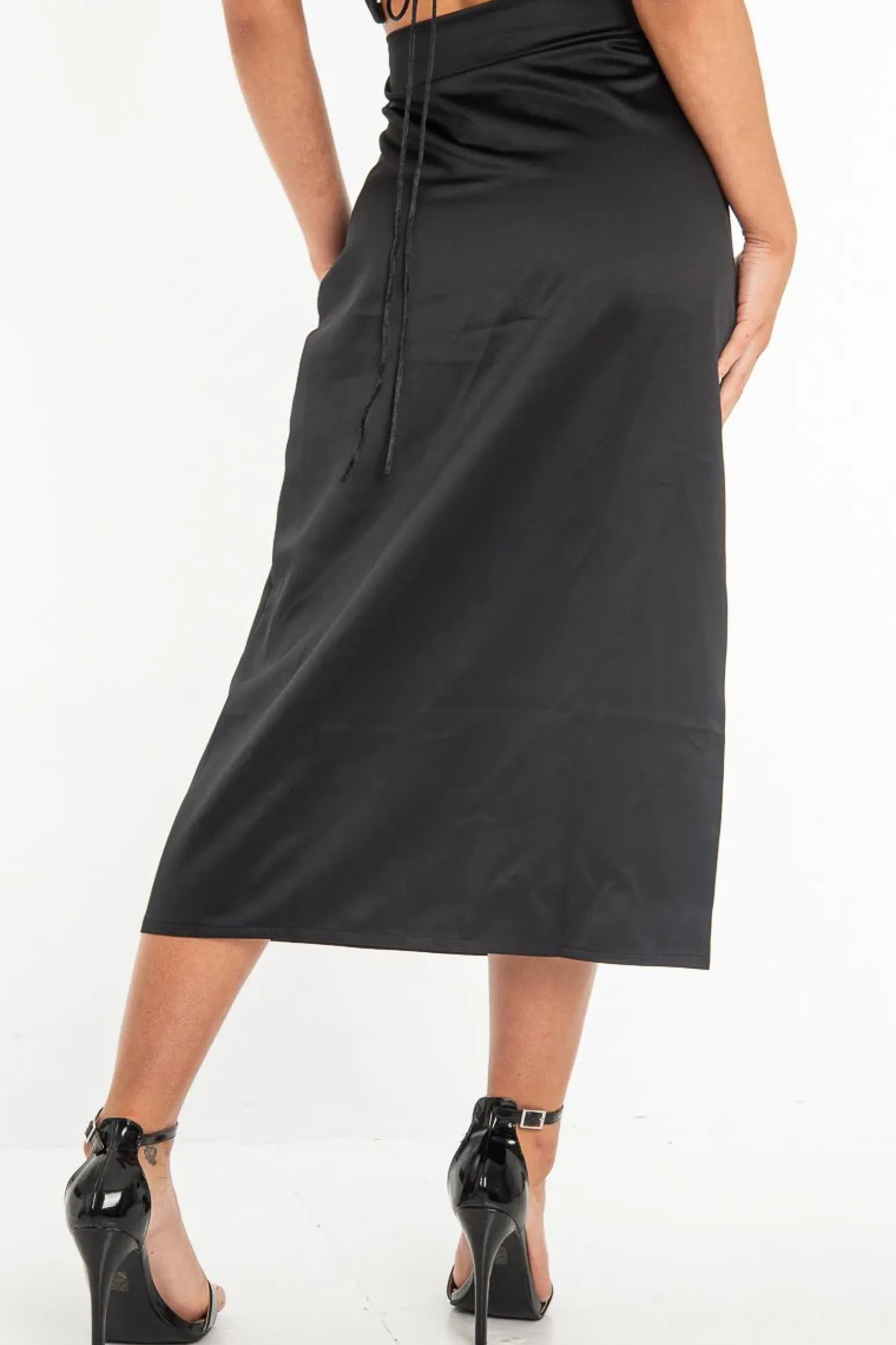 Rebellious Fashion Black Satin Floaty Midi Skirt - Serafina