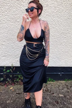 Rebellious Fashion Black Satin Floaty Midi Skirt - Serafina
