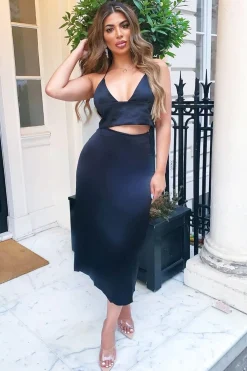 Rebellious Fashion Black Satin Floaty Midi Skirt - Serafina