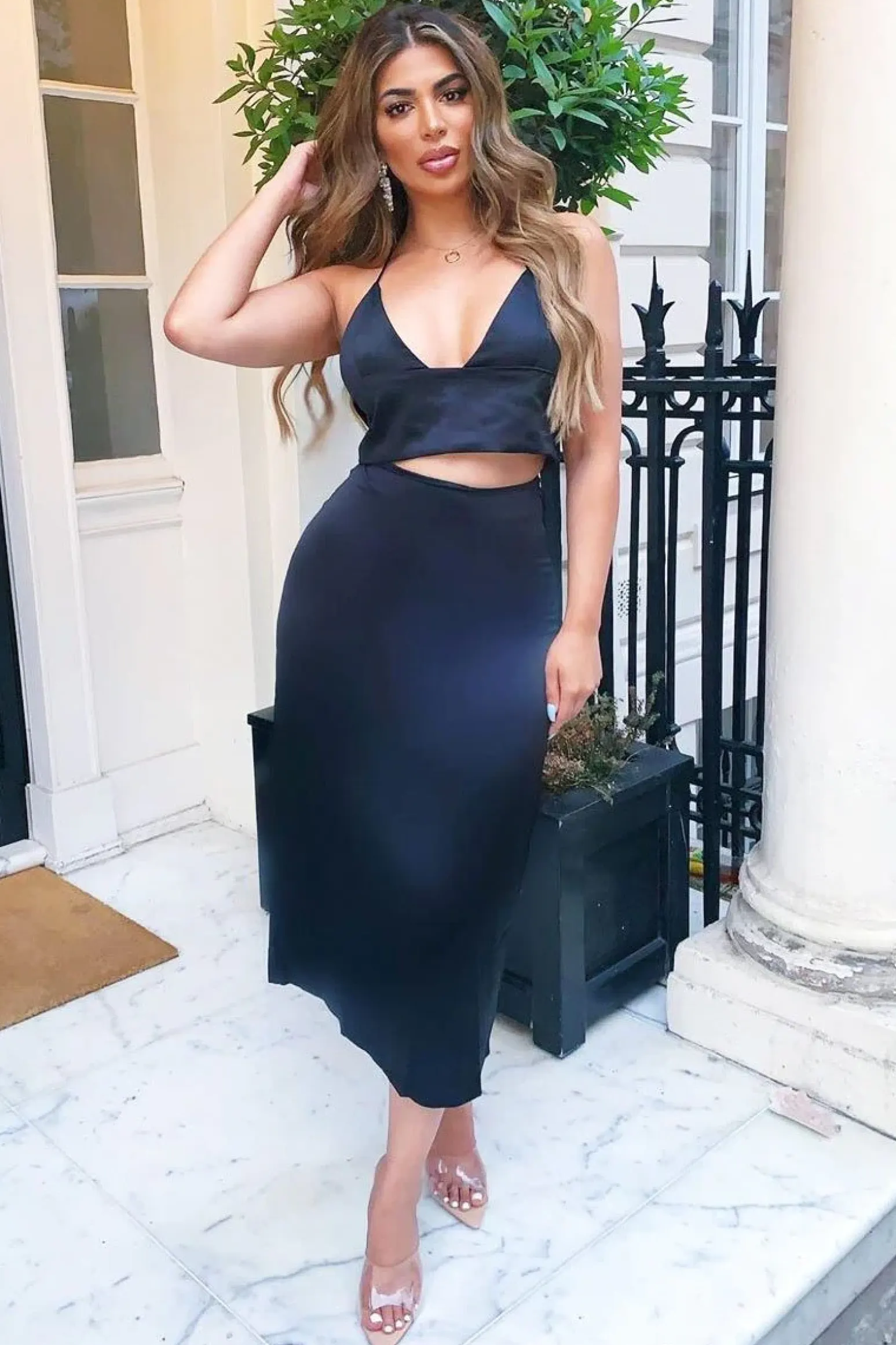 Rebellious Fashion Black Satin Floaty Midi Skirt - Serafina