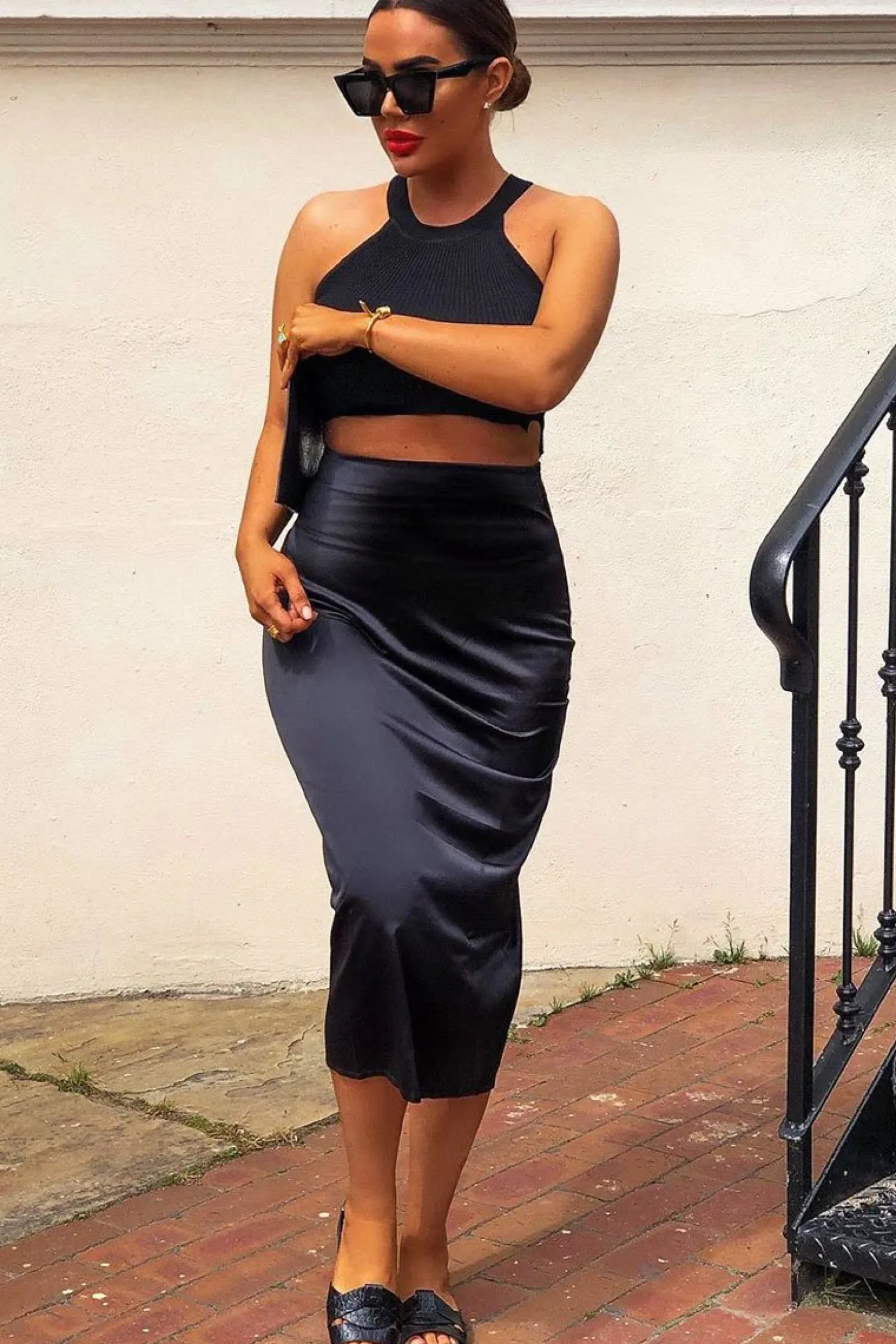 Rebellious Fashion Black Satin Floaty Midi Skirt - Serafina