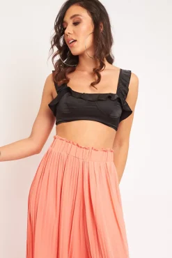 Rebellious Fashion Black Satin Frill Detail Cup Style Crop Top - Elani