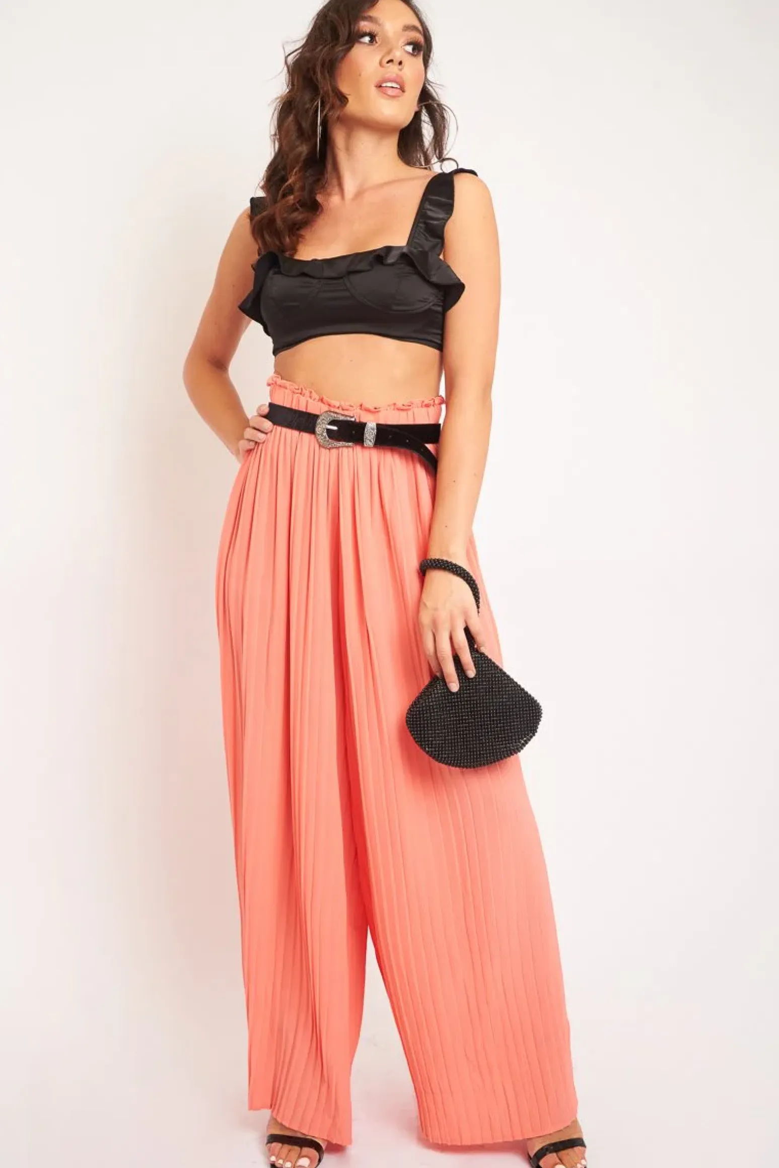 Rebellious Fashion Black Satin Frill Detail Cup Style Crop Top - Elani