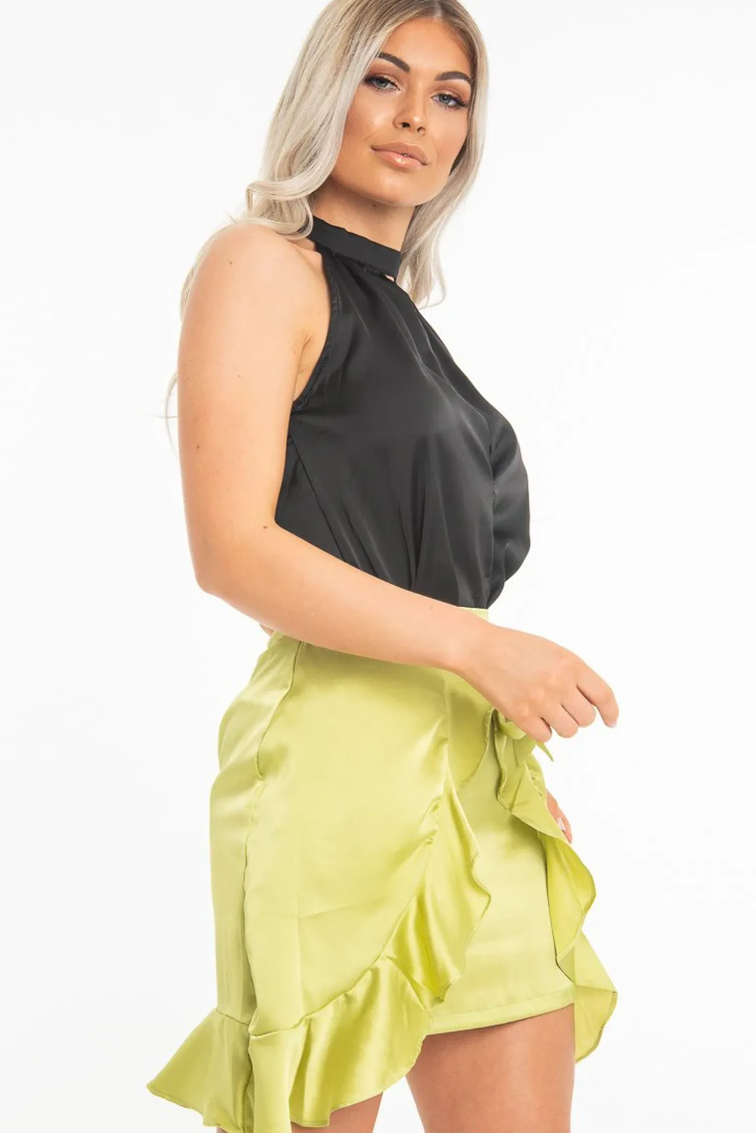 Rebellious Fashion Black Satin High Neck Keyhole Detail Bodysuit - Kalina