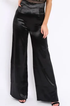 Rebellious Fashion Black Satin High Waist Flare Trousers -Tisha