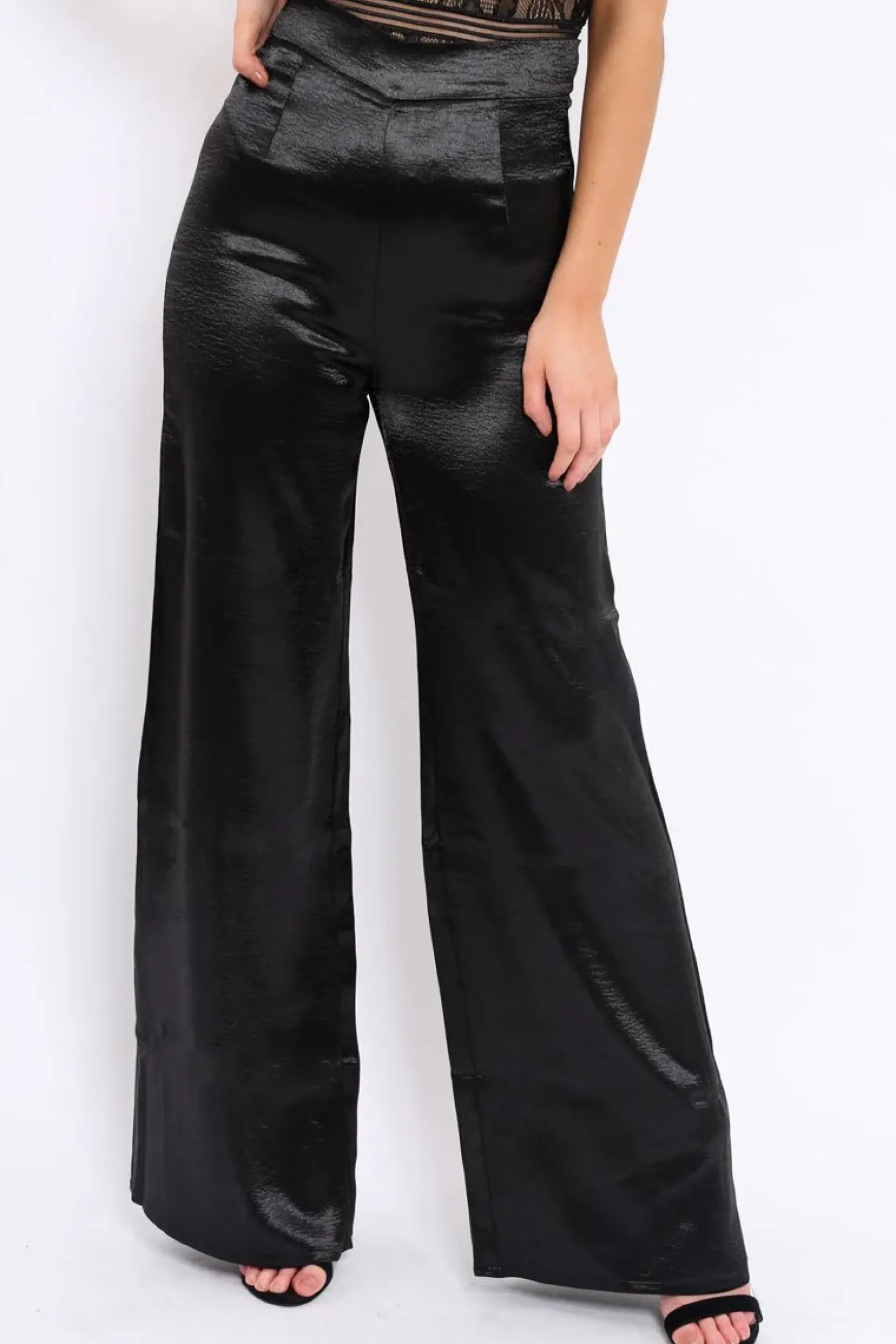 Rebellious Fashion Black Satin High Waist Flare Trousers -Tisha