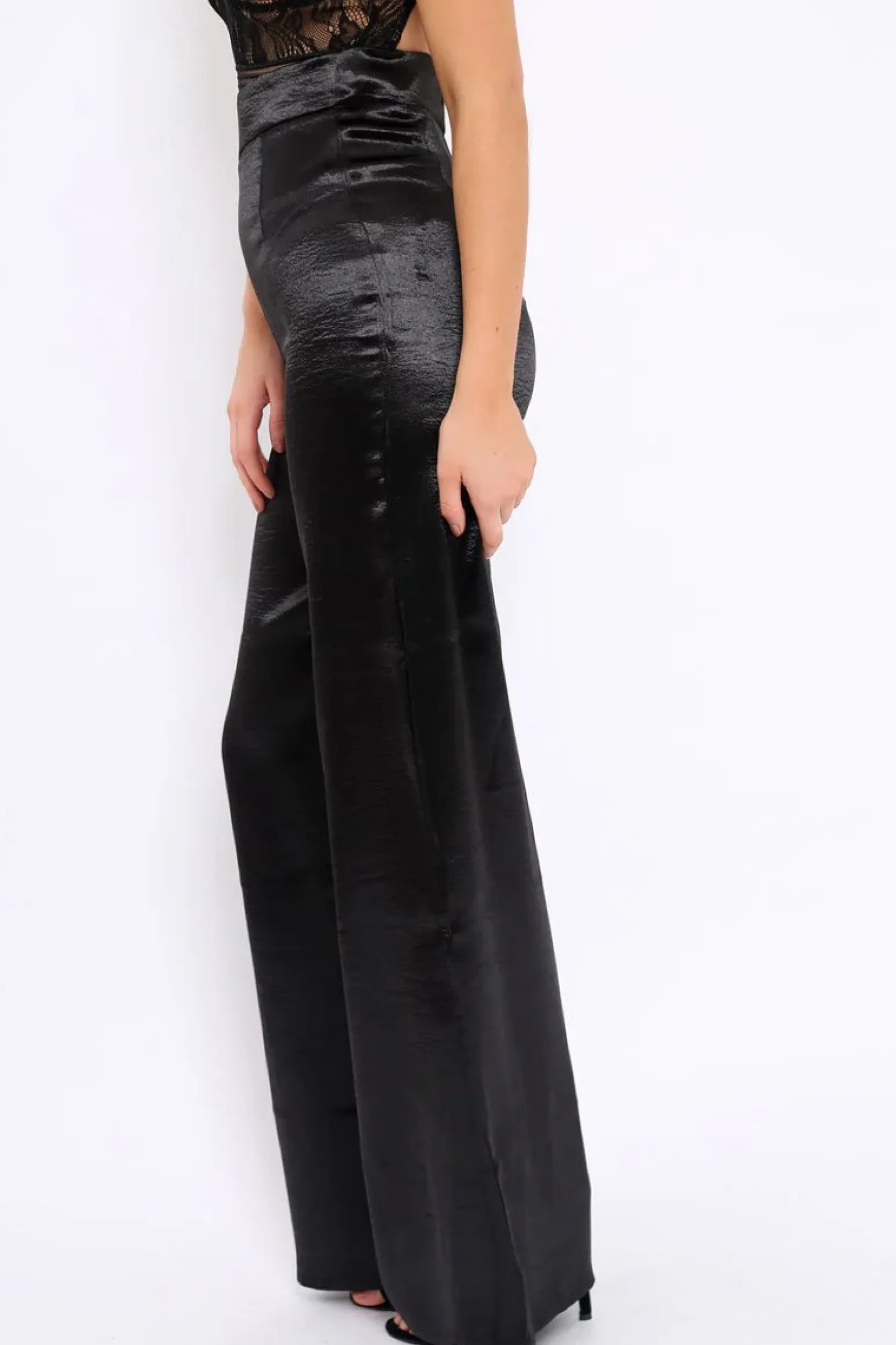 Rebellious Fashion Black Satin High Waist Flare Trousers -Tisha