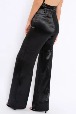 Rebellious Fashion Black Satin High Waist Flare Trousers -Tisha