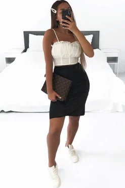 Rebellious Fashion Black Satin High Waist Floaty Midi Skirt - Dasha