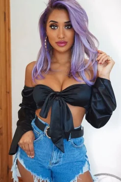 Rebellious Fashion Black Satin Knotted Middle Wide Sleeve Crop Top - Madianna