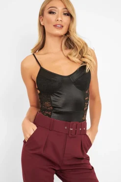 Rebellious Fashion Black Satin Lace Cut Out Bodysuit - Aleiya