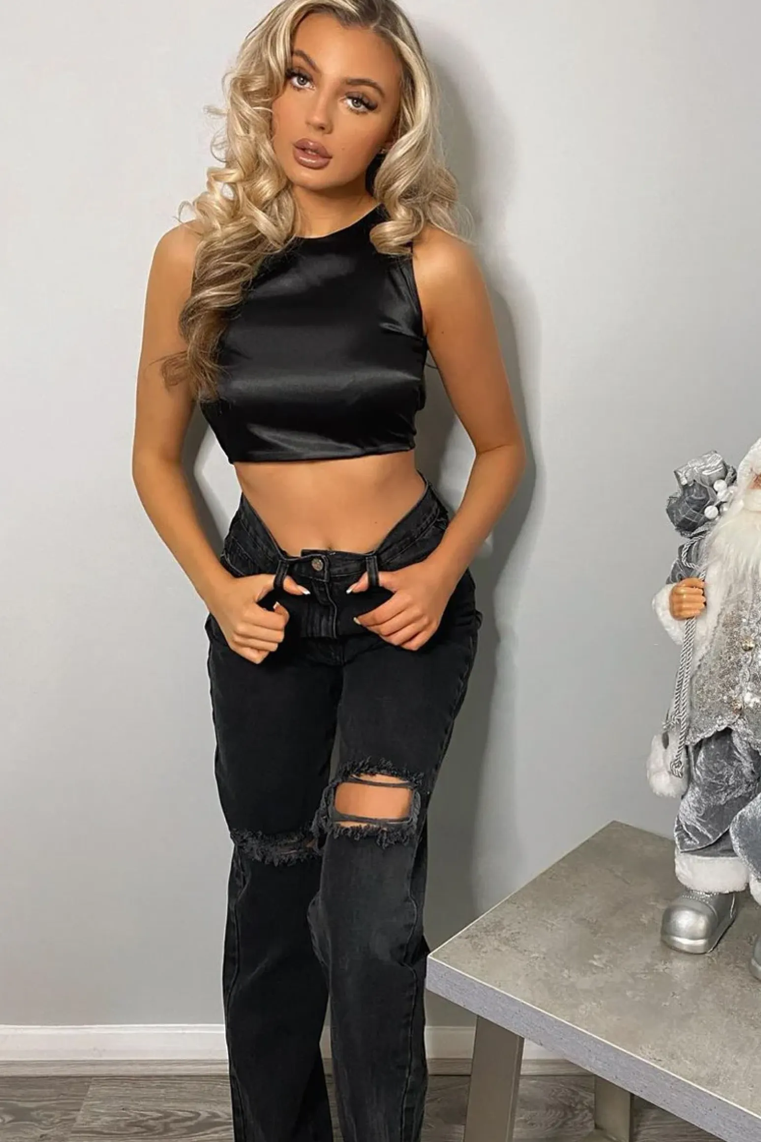 Rebellious Fashion Black Satin Lace Up Back Crop Top - Esti