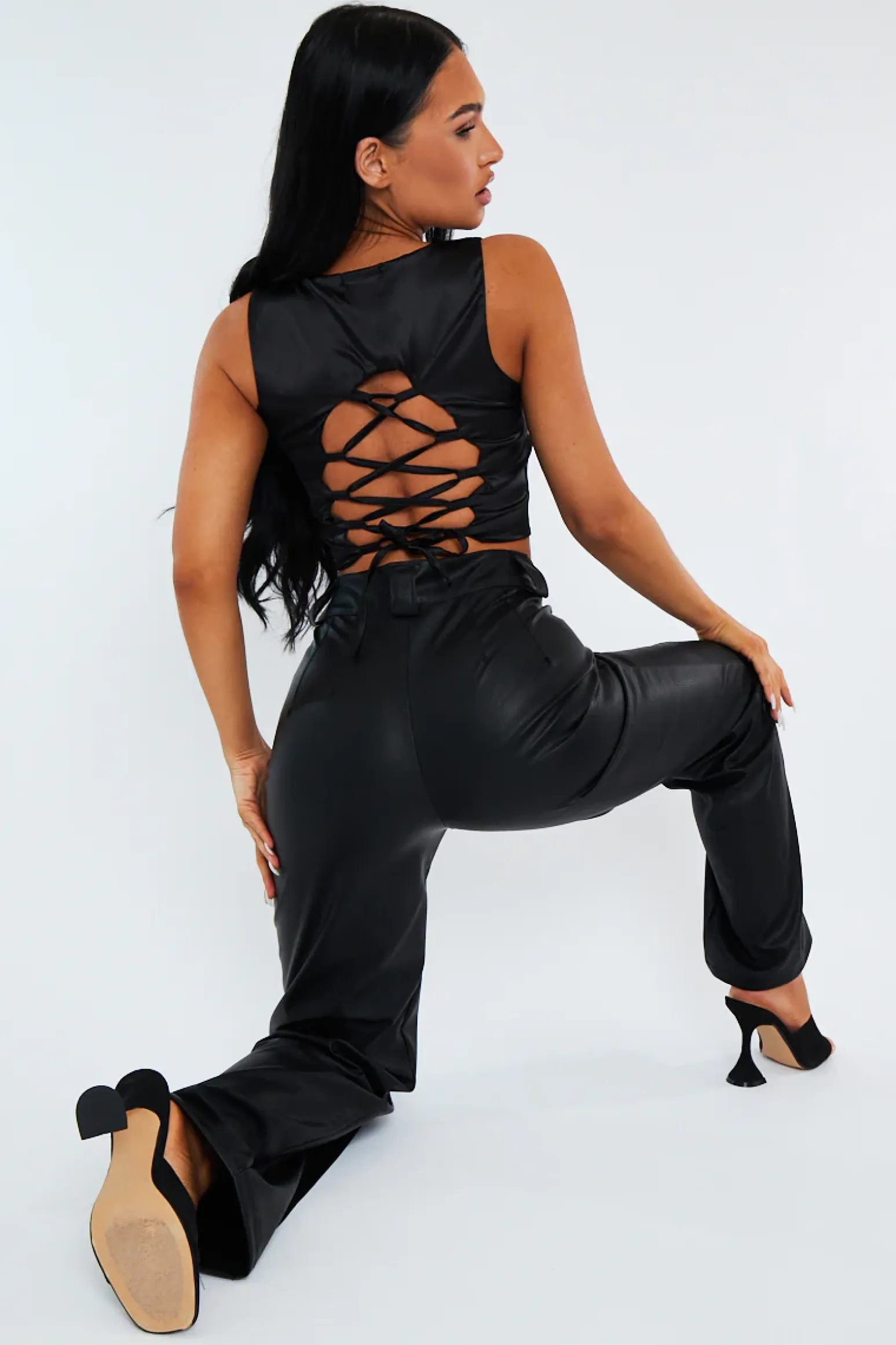 Rebellious Fashion Black Satin Lace Up Back Crop Top - Esti