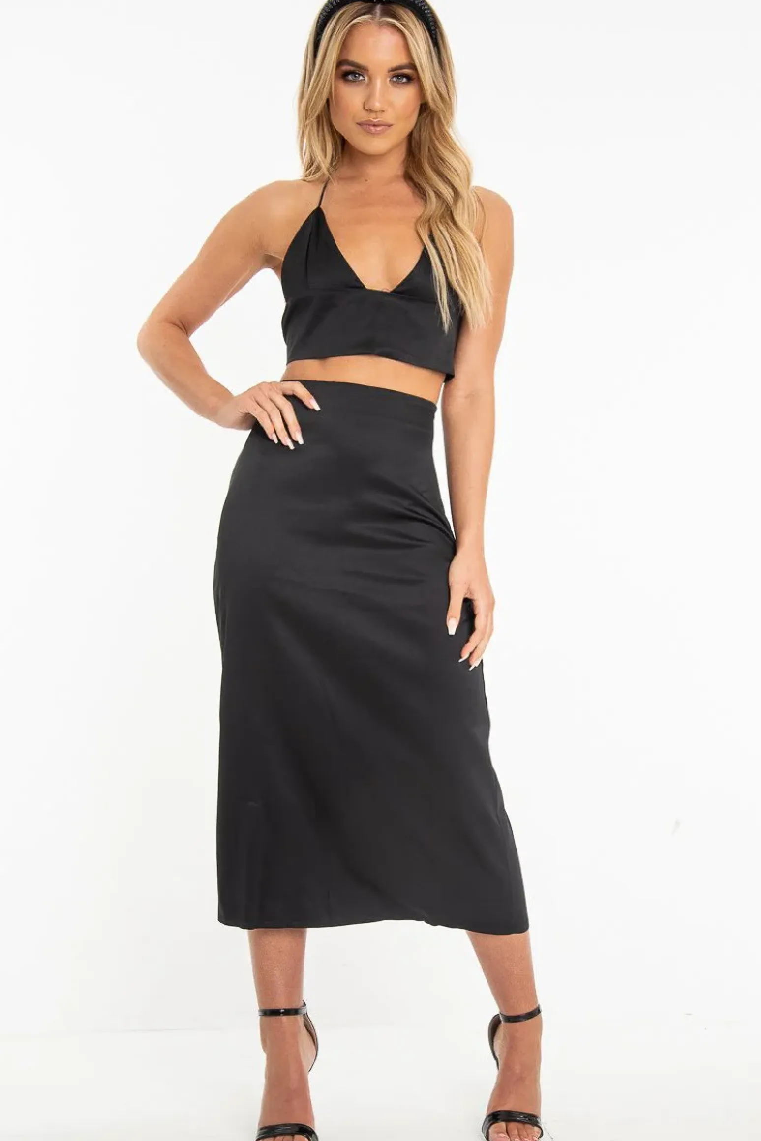 Rebellious Fashion Black Satin Lace Up Plunge Triangle Bralet - Tabby