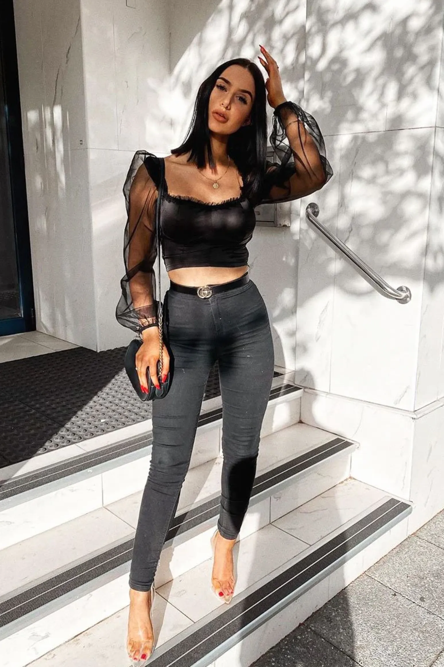 Rebellious Fashion Black Satin Mesh Sleeve Ruched Detail Crop Top - Rya