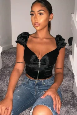 Rebellious Fashion Black Satin Milkmaid Ring Zip Crop Top - Aariel
