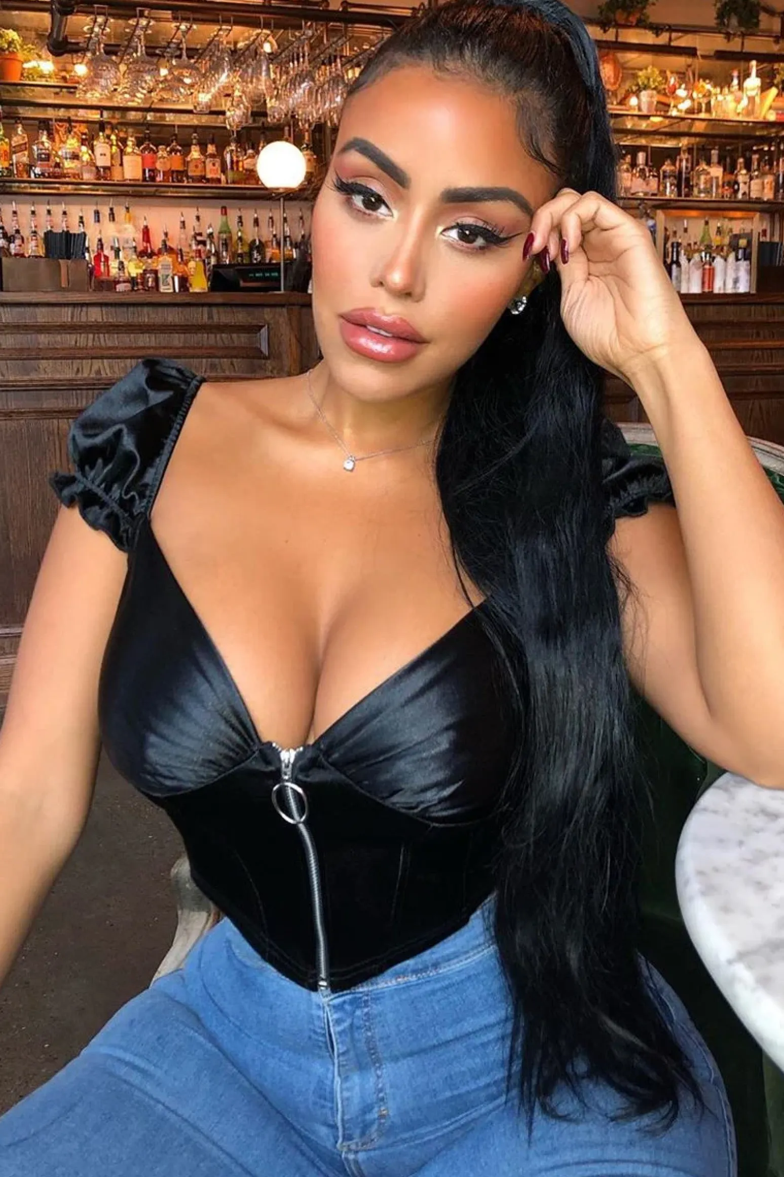 Rebellious Fashion Black Satin Milkmaid Ring Zip Crop Top - Aariel