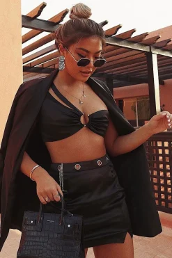 Rebellious Fashion Black Satin One Shoulder Top Skirt Co-Ord - Deandria