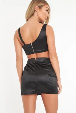 Rebellious Fashion Black Satin One Shoulder Top Skirt Co-Ord - Deandria