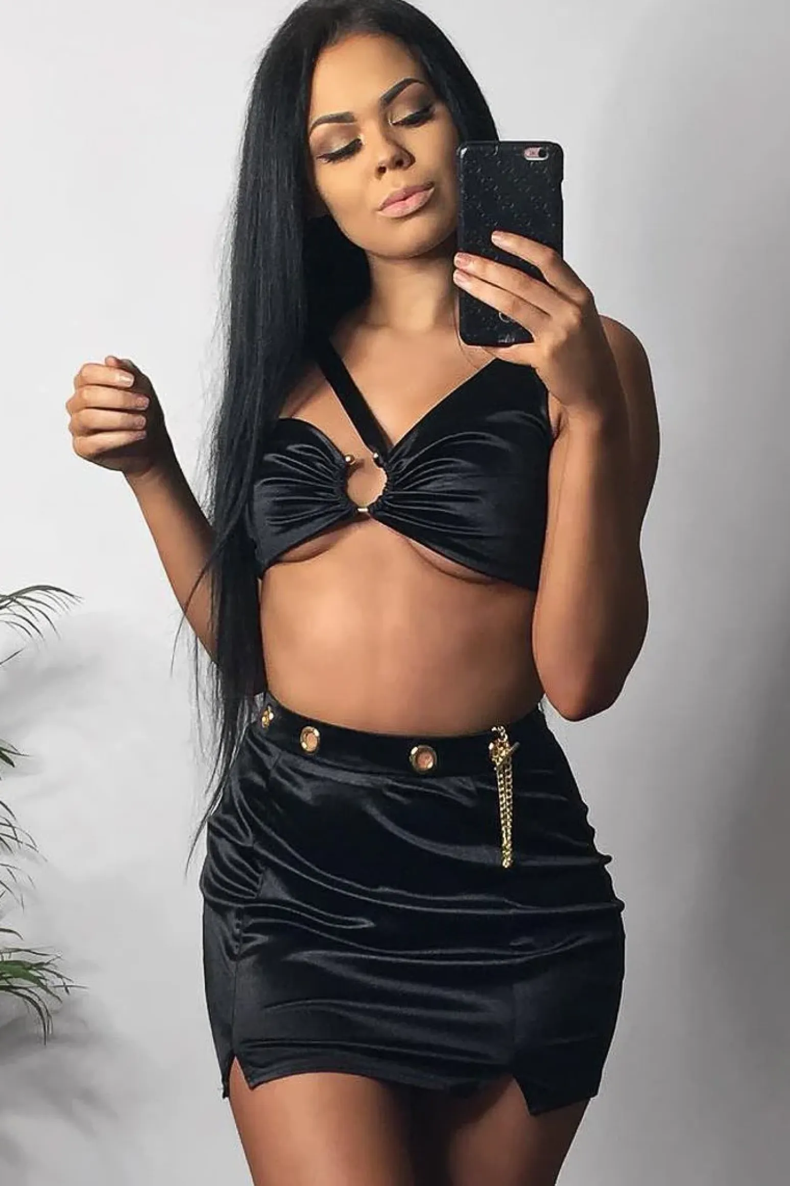 Rebellious Fashion Black Satin One Shoulder Top Skirt Co-Ord - Deandria