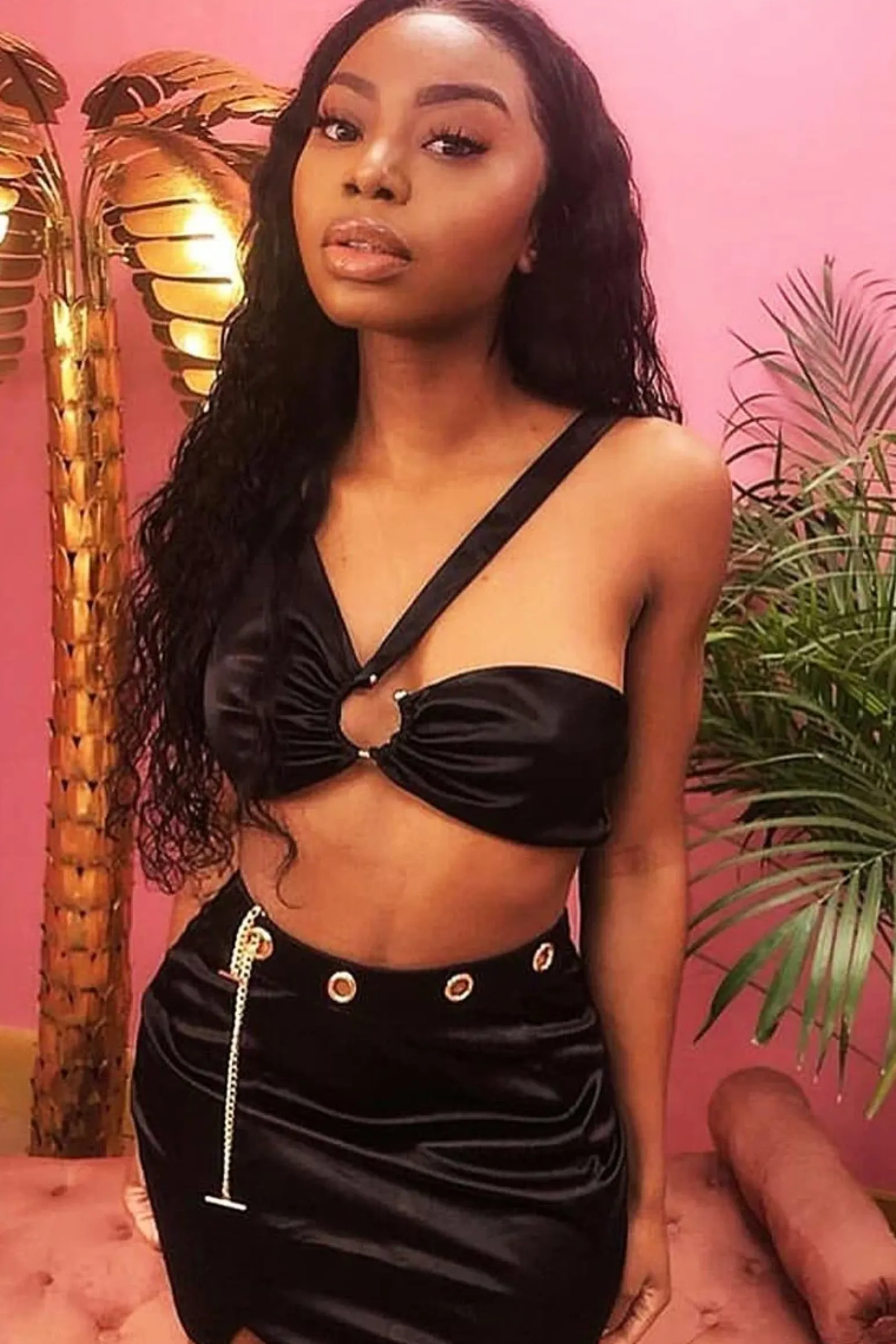 Rebellious Fashion Black Satin One Shoulder Top Skirt Co-Ord - Deandria