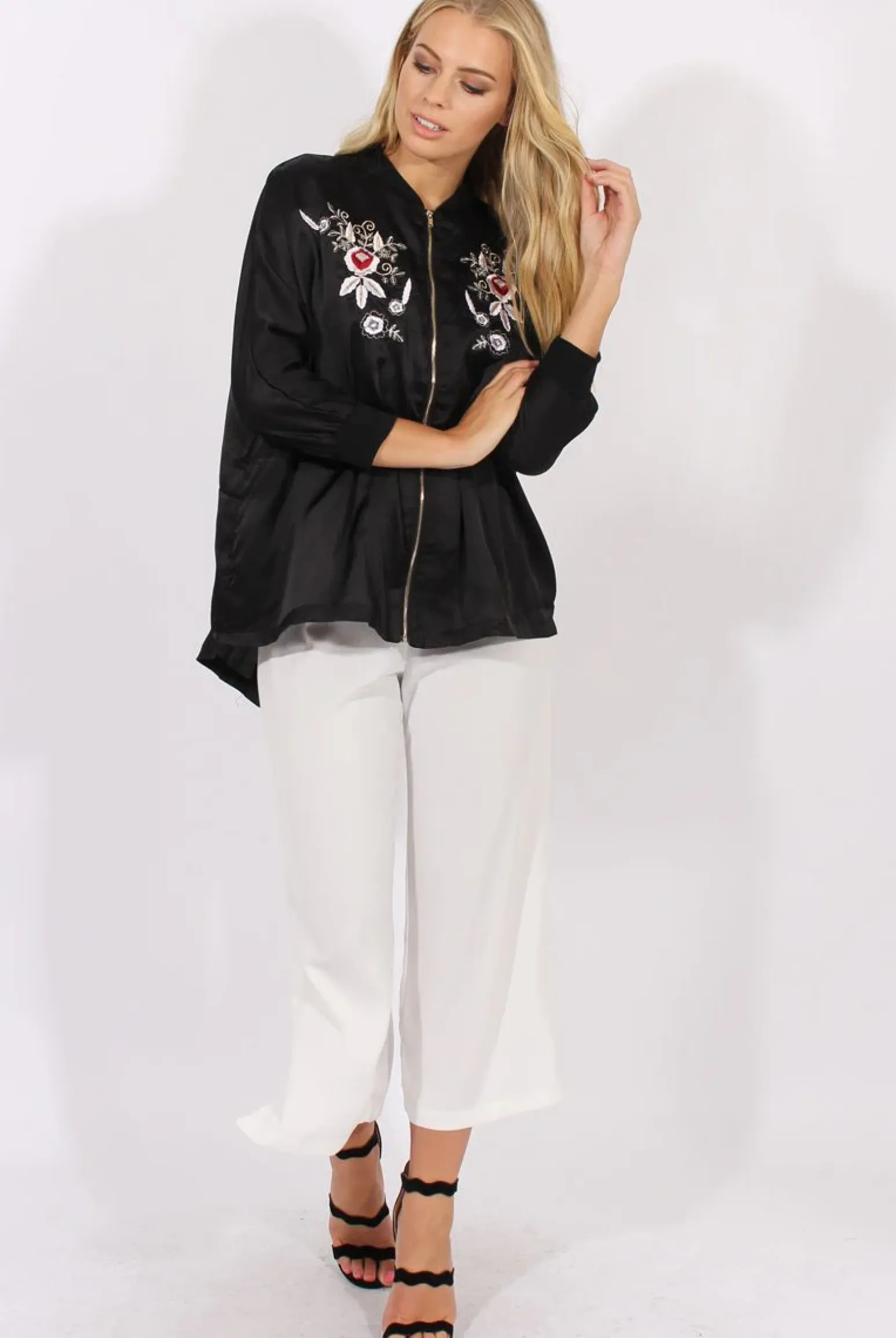 Rebellious Fashion Black Satin Oversized Embroidered Jacket - North