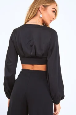 Rebellious Fashion Black Satin Plunge Crop Blouse - Cailah