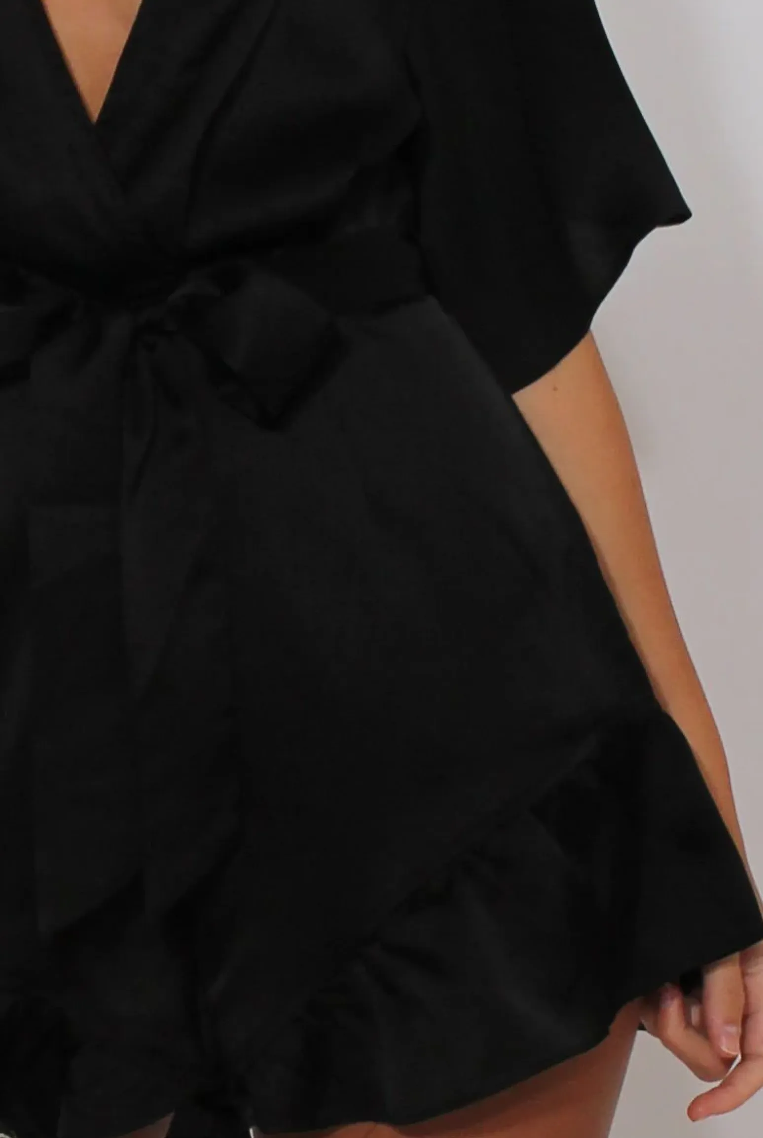 Rebellious Fashion Black Satin Plunge Flared Sleeve Tied Waist Playsuit - Crystal