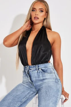 Rebellious Fashion Black Satin Plunge Halter Bodysuit - Aleesia