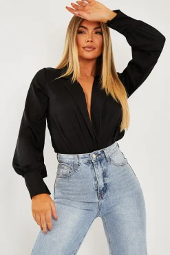 Rebellious Fashion Black Satin Plunge Lapel Collar Bodysuit - Danica