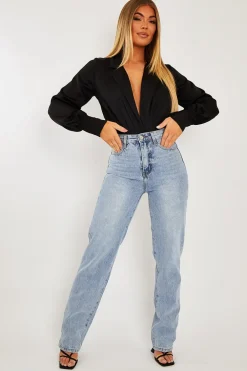 Rebellious Fashion Black Satin Plunge Lapel Collar Bodysuit - Danica