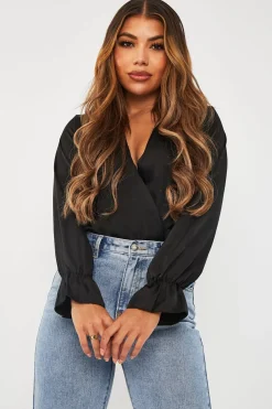 Rebellious Fashion Black Satin Plunge Wrap Bodysuit - Penelopi