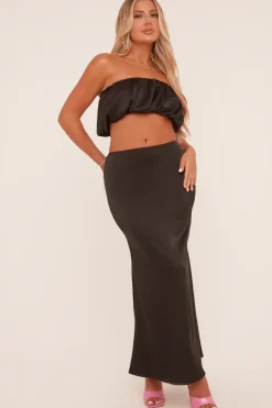 Rebellious Fashion Black Satin Puffball Cropped Top & Maxi Skirt Co-ord Set - Balbina
