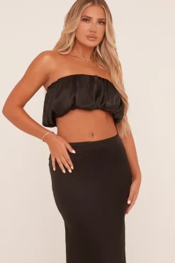 Rebellious Fashion Black Satin Puffball Cropped Top & Maxi Skirt Co-ord Set - Balbina