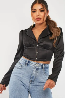Rebellious Fashion Black Satin Puff Shoulder Crop Top - Ciarra