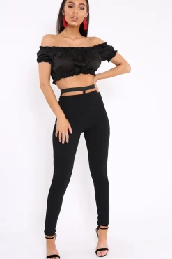 Rebellious Fashion Black Satin Ruched Bardot Gypsy Crop Top - Becky