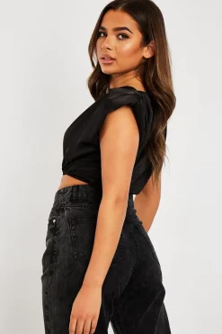 Rebellious Fashion Black Satin Ruched Shoulder Pad Crop Top - Darina