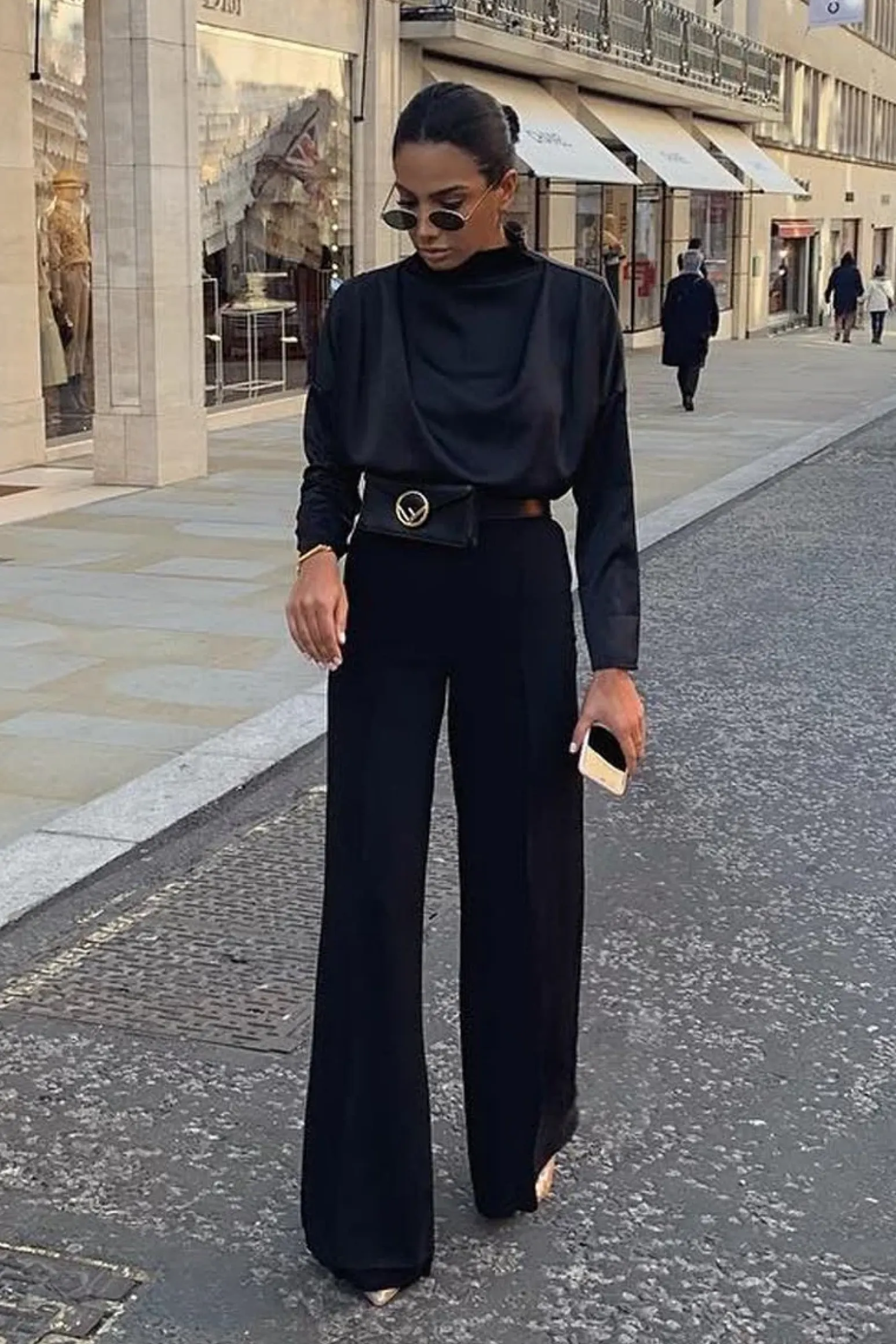 Rebellious Fashion Black Satin Shoulder Pad Shirred Waist Blouse - Farida