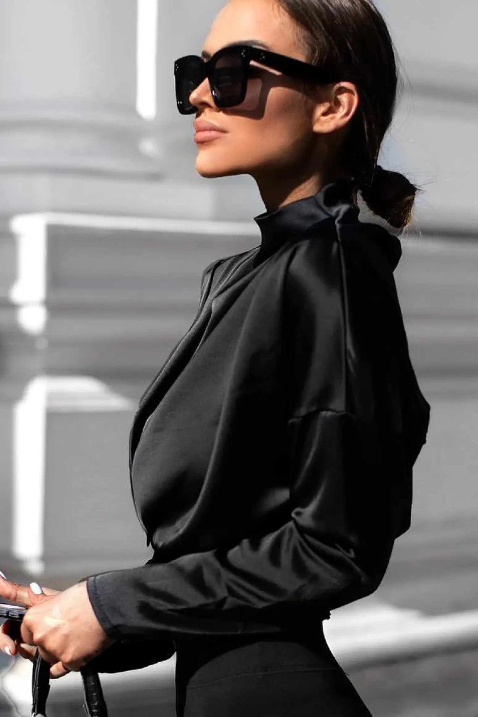 Rebellious Fashion Black Satin Shoulder Pad Shirred Waist Blouse - Farida