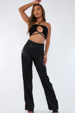 Rebellious Fashion Black Satin Straight Leg Trousers - Rose