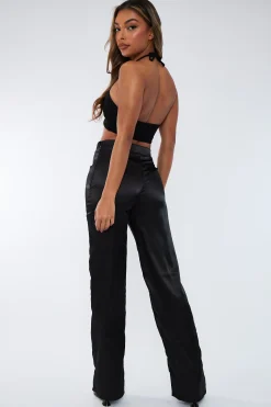 Rebellious Fashion Black Satin Straight Leg Trousers - Rose